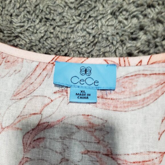 CeCe Linen Floral Peach White Belted Flowy Pink Cream V Neck Maxi Dress - XL - Picture 4 of 9